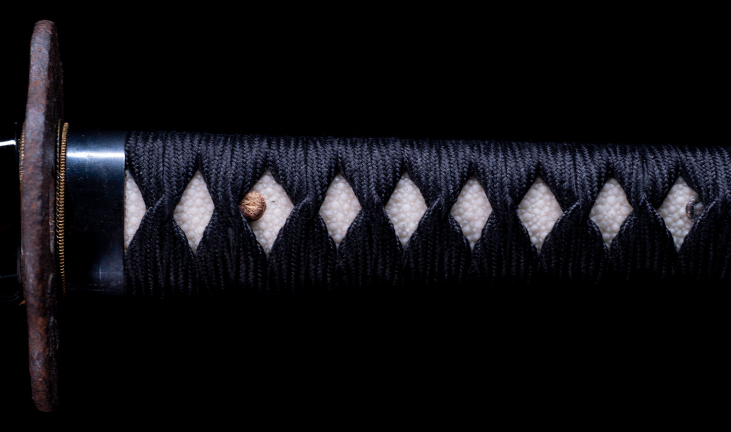 Antique Japanese Katana with Black Lacquer Koshirae and Feather-Motif Iron Tsuba signed Chikushi Tadamasa - Hozon
