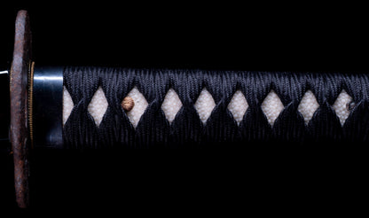 Antique Japanese Katana with Black Lacquer Koshirae and Feather-Motif Iron Tsuba signed Chikushi Tadamasa - Hozon