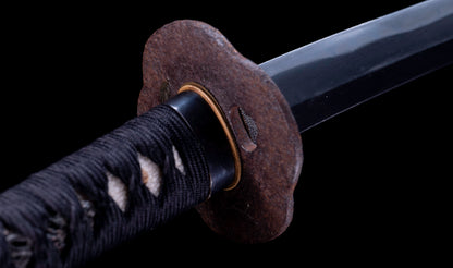 Antique Japanese Katana with Black Lacquer Koshirae and Feather-Motif Iron Tsuba signed Chikushi Tadamasa - Hozon