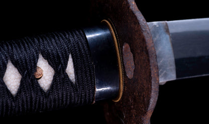 Antique Japanese Katana with Black Lacquer Koshirae and Feather-Motif Iron Tsuba signed Chikushi Tadamasa - Hozon