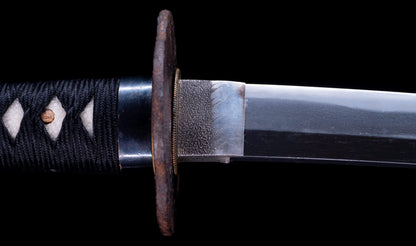 Antique Japanese Katana with Black Lacquer Koshirae and Feather-Motif Iron Tsuba signed Chikushi Tadamasa - Hozon