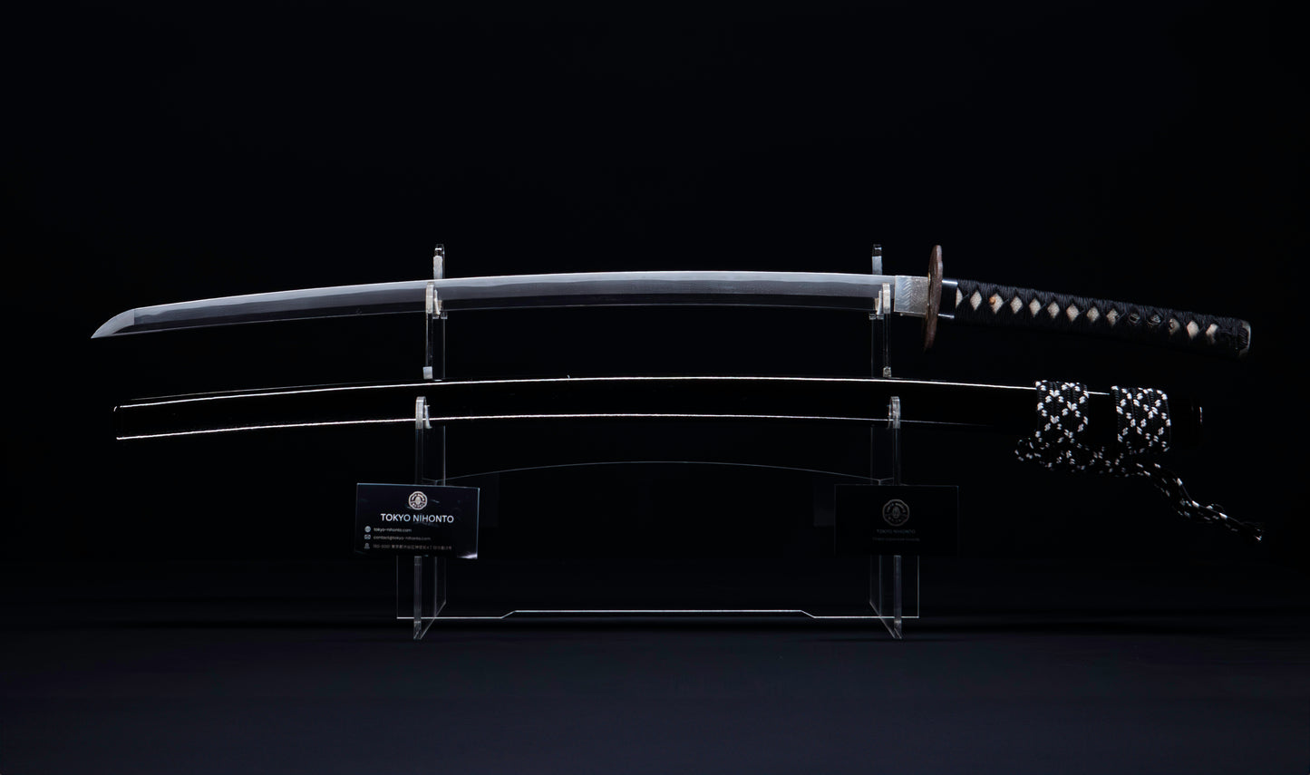 Antique Japanese Katana with Black Lacquer Koshirae and Feather-Motif Iron Tsuba signed Chikushi Tadamasa - Hozon