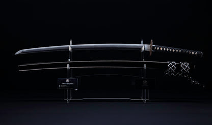 Antique Japanese Katana with Black Lacquer Koshirae and Feather-Motif Iron Tsuba signed Chikushi Tadamasa - Hozon