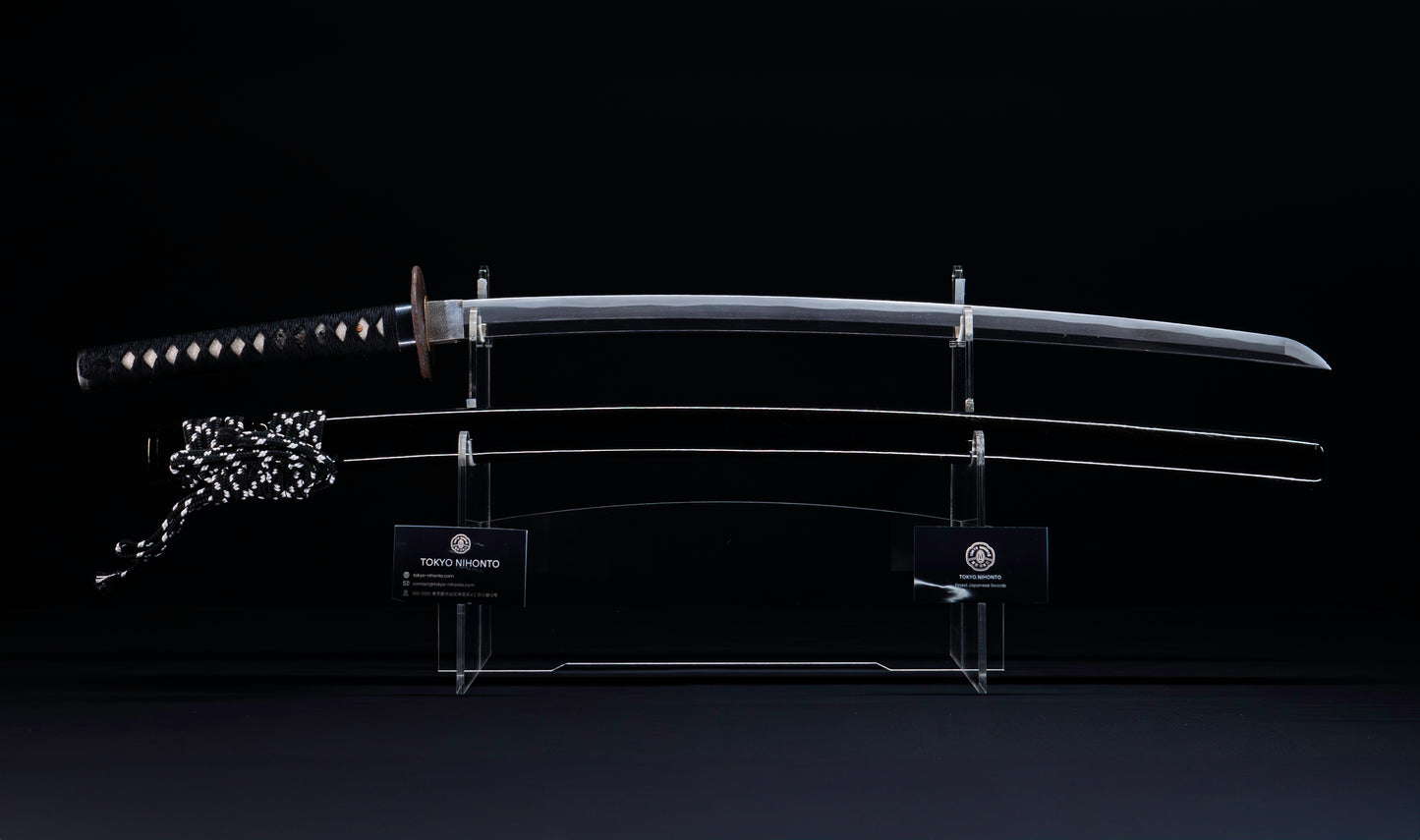 Antique Japanese Katana with Black Lacquer Koshirae and Feather-Motif Iron Tsuba signed Chikushi Tadamasa - Hozon