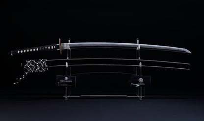 Antique Japanese Katana with Black Lacquer Koshirae and Feather-Motif Iron Tsuba signed Chikushi Tadamasa - Hozon