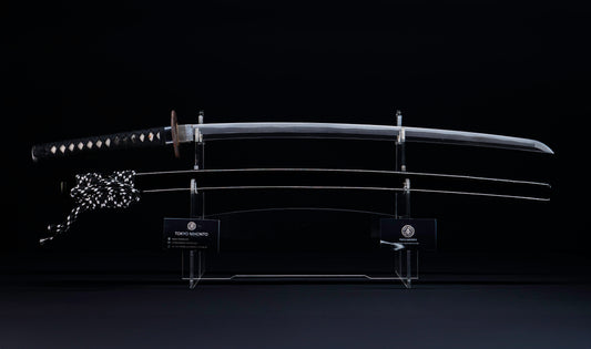 Antique Japanese Katana with Black Lacquer Koshirae and Feather-Motif Iron Tsuba signed Chikushi Tadamasa - Hozon