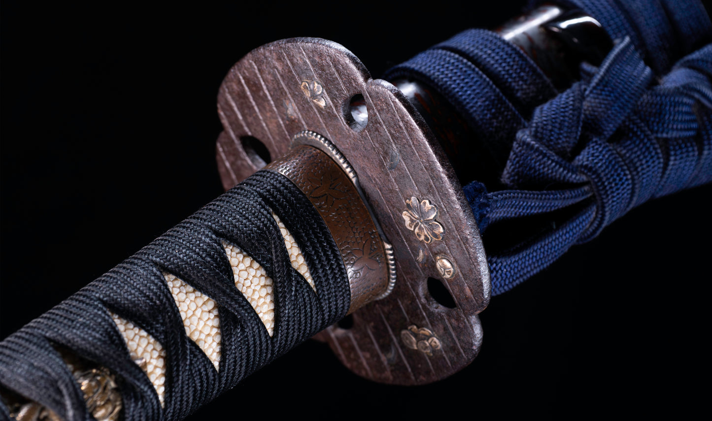 Antique Japanese Katana Sword with Toran Hamon and Cherry-Blossom Iron Tsuba — Osaka Shintō