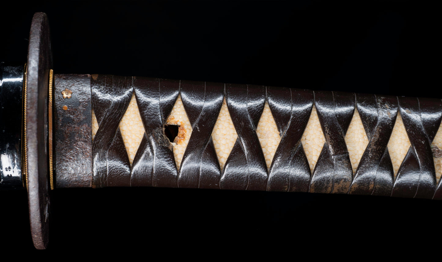 Antique Japanese Katana Sword with Floral Iron Sukashi Tsuba, Edo Period Mumei Blade