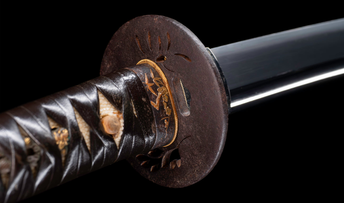 Antique Japanese Katana Sword with Floral Iron Sukashi Tsuba, Edo Period Mumei Blade