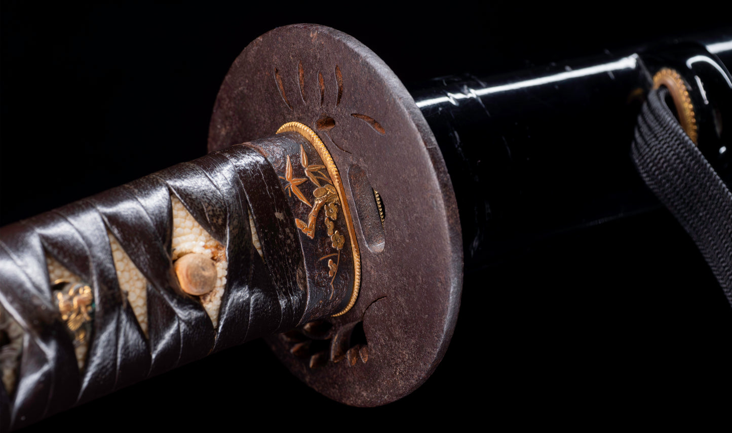 Antique Japanese Katana Sword with Floral Iron Sukashi Tsuba, Edo Period Mumei Blade