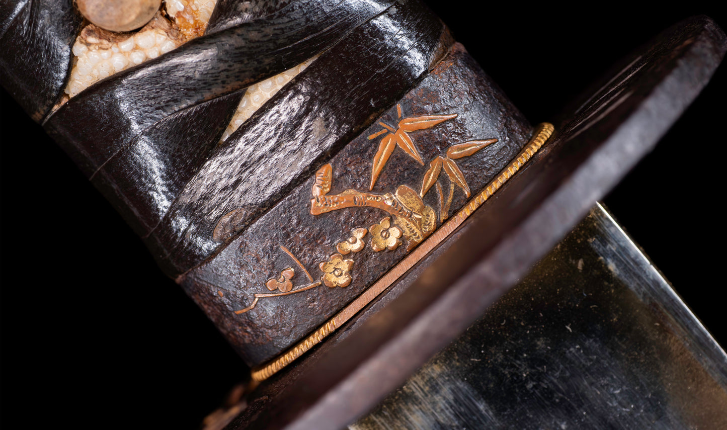 Antique Japanese Katana Sword with Floral Iron Sukashi Tsuba, Edo Period Mumei Blade