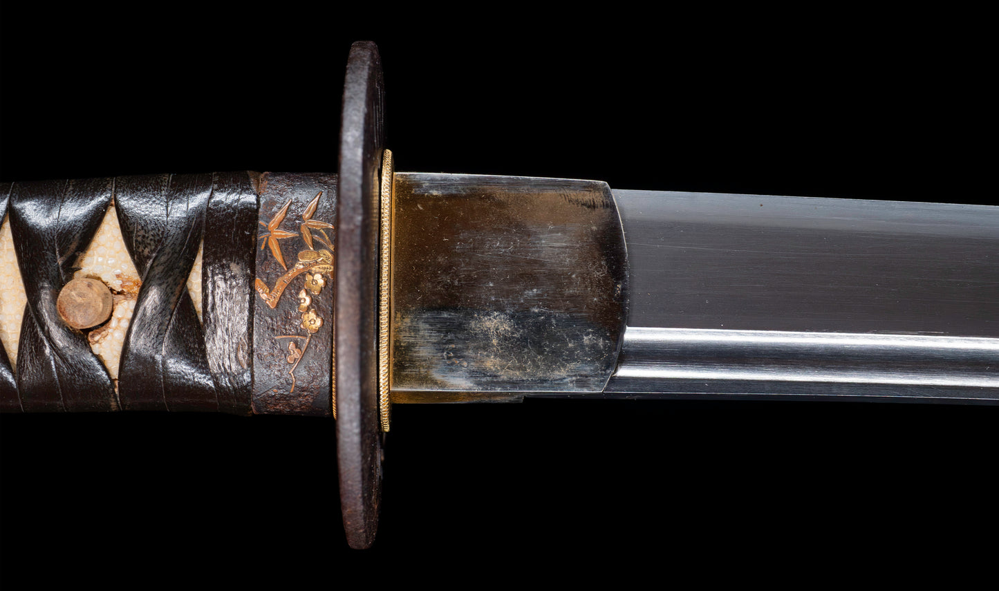 Antique Japanese Katana Sword with Floral Iron Sukashi Tsuba, Edo Period Mumei Blade