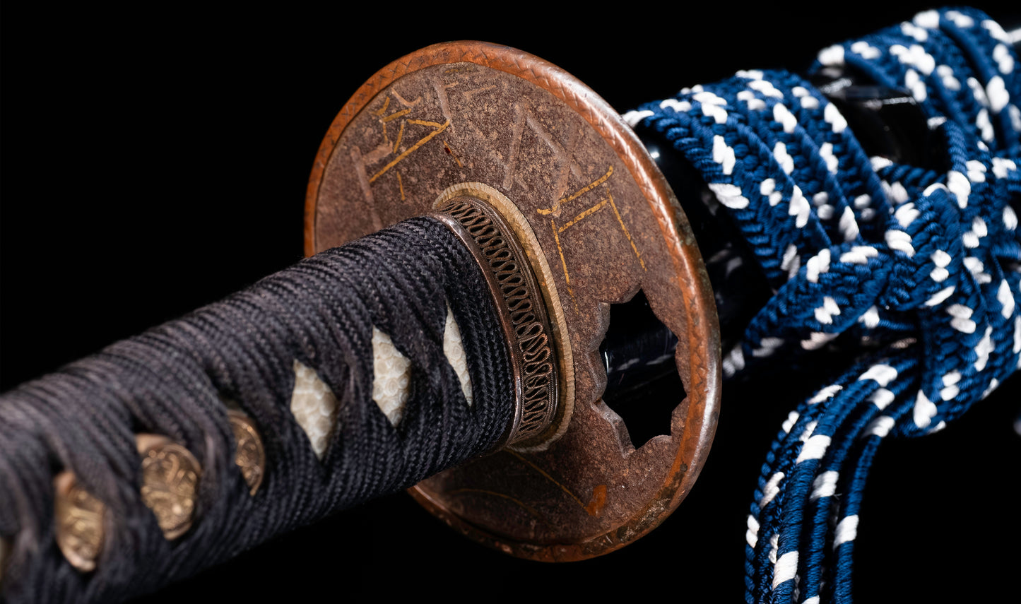 Antique Japanese Katana Sword with Gold-Inlaid Iron Tsuba, Attributed to Chikuzen Nobukuni — NBTHK Hozon