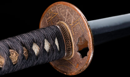 Antique Japanese Katana Sword with Gold-Inlaid Iron Tsuba, Attributed to Chikuzen Nobukuni — NBTHK Hozon