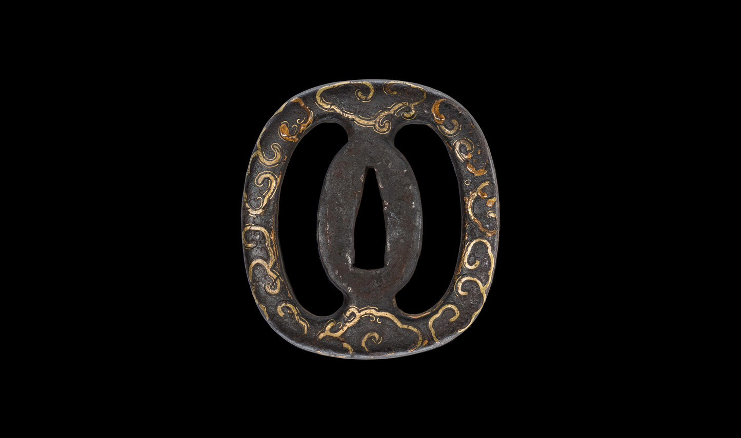 Antique Japanese Katana Sword with Handachi Koshirae and Gold-Inlaid Iron Tsuba, Mumei
