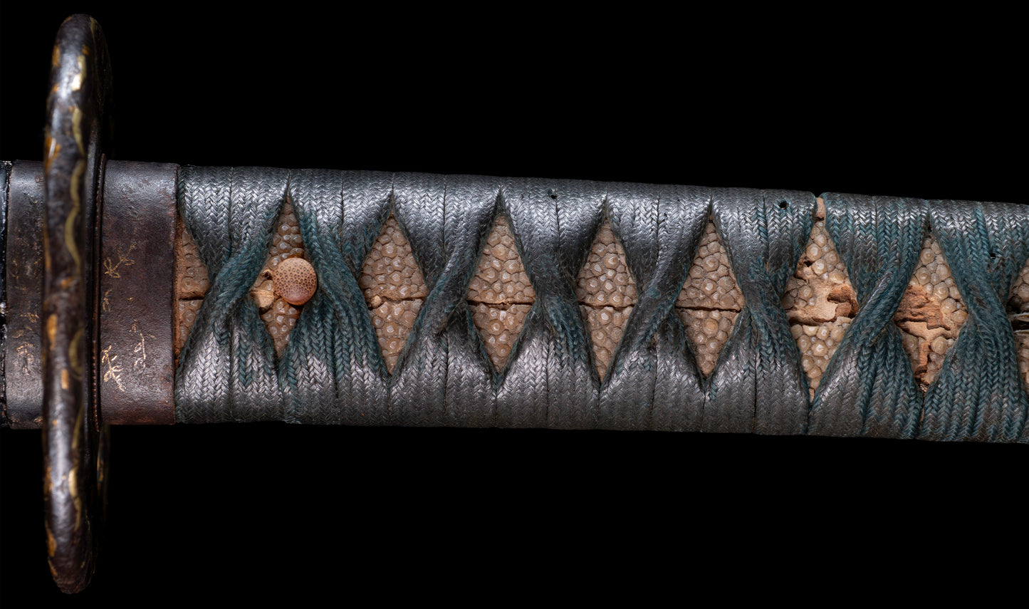 Antique Japanese Katana Sword with Handachi Koshirae and Gold-Inlaid Iron Tsuba, Mumei