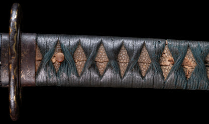 Antique Japanese Katana Sword with Handachi Koshirae and Gold-Inlaid Iron Tsuba, Mumei