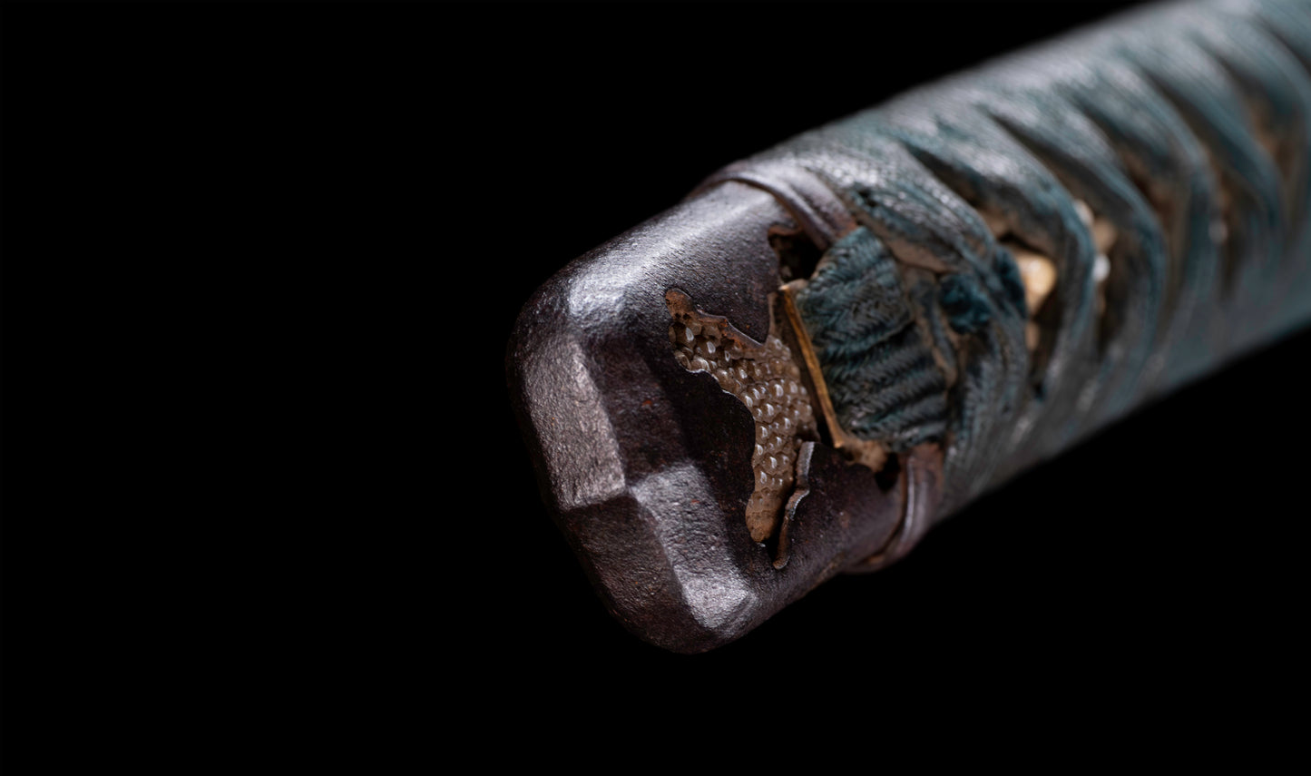 Antique Japanese Katana Sword with Handachi Koshirae and Gold-Inlaid Iron Tsuba, Mumei