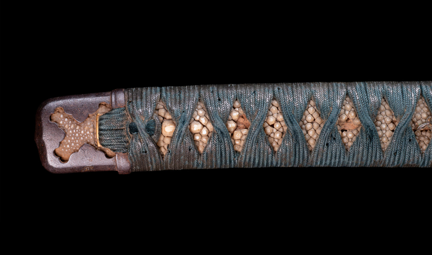 Antique Japanese Katana Sword with Handachi Koshirae and Gold-Inlaid Iron Tsuba, Mumei