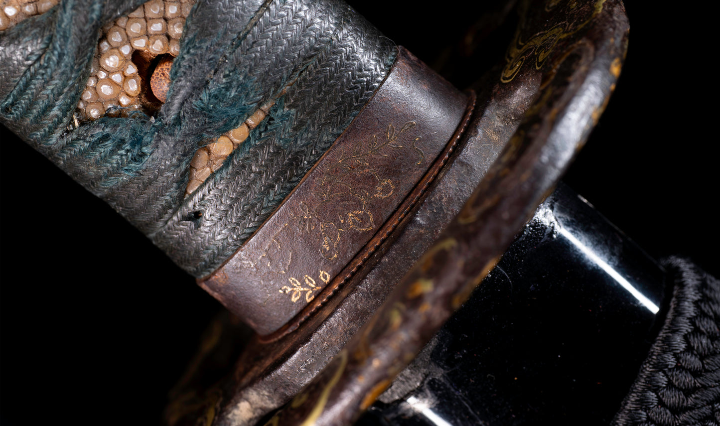 Antique Japanese Katana Sword with Handachi Koshirae and Gold-Inlaid Iron Tsuba, Mumei