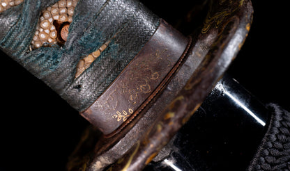 Antique Japanese Katana Sword with Handachi Koshirae and Gold-Inlaid Iron Tsuba, Mumei