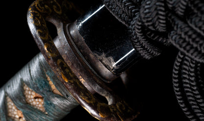 Antique Japanese Katana Sword with Handachi Koshirae and Gold-Inlaid Iron Tsuba, Mumei