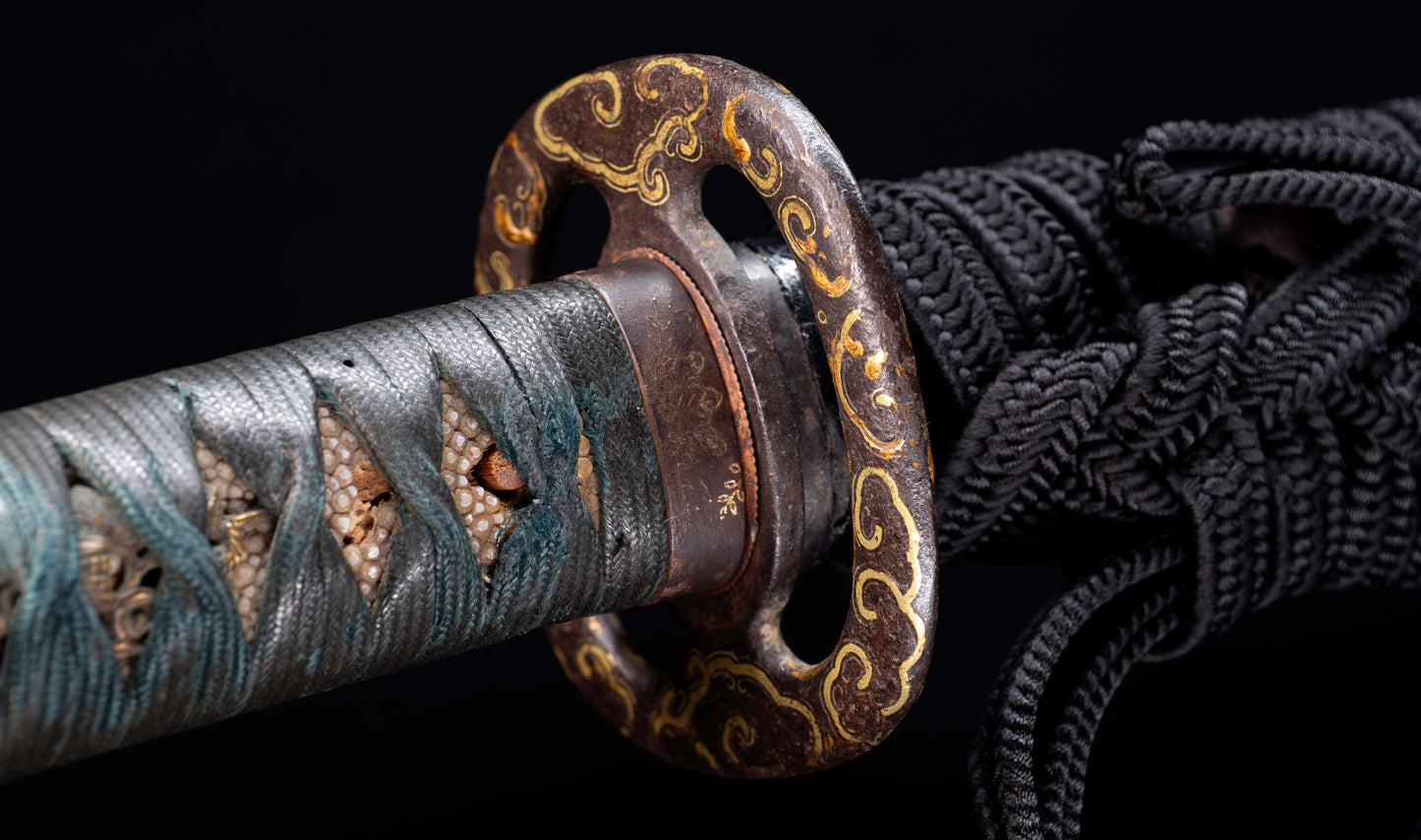 Antique Japanese Katana Sword with Handachi Koshirae and Gold-Inlaid Iron Tsuba, Mumei
