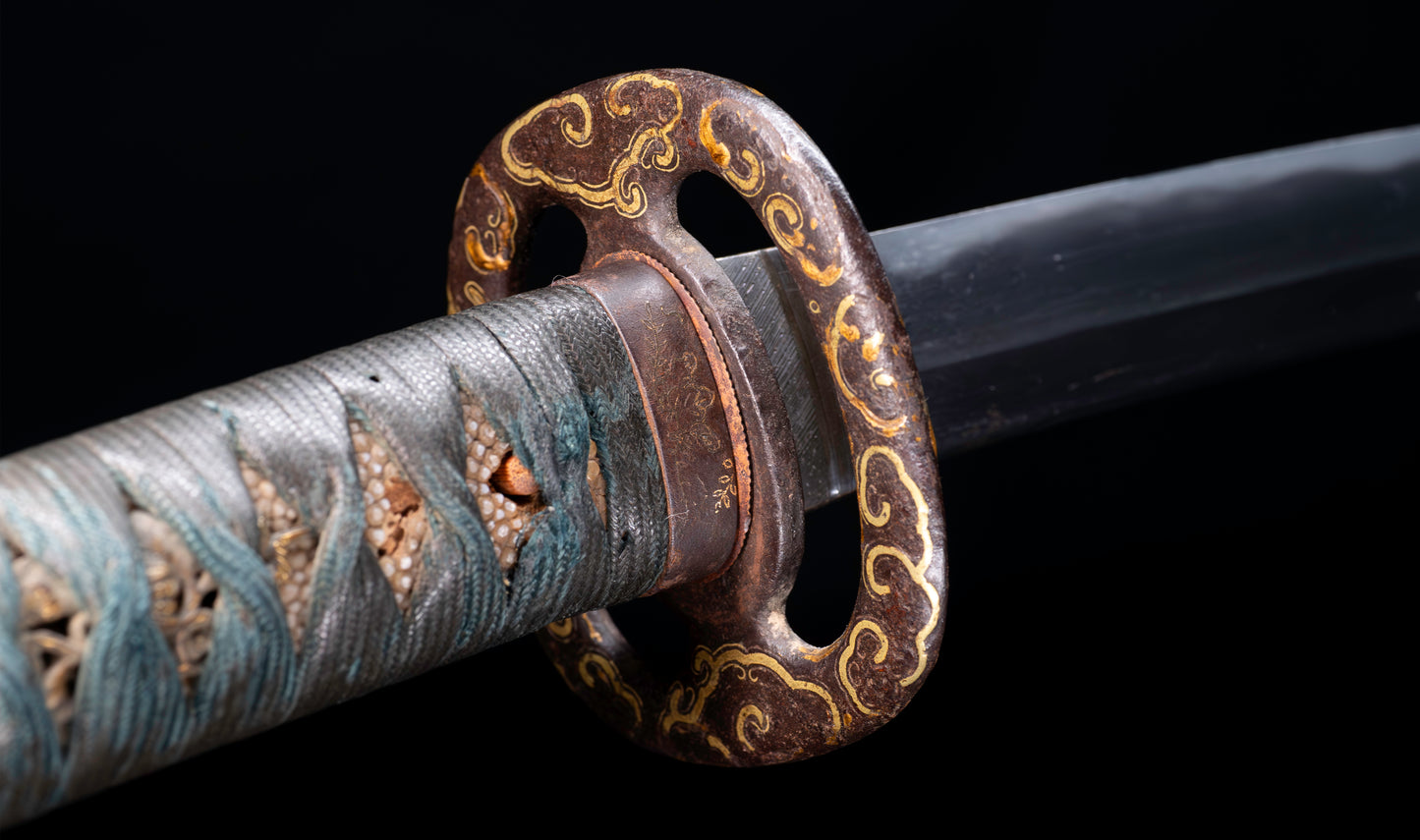 Antique Japanese Katana Sword with Handachi Koshirae and Gold-Inlaid Iron Tsuba, Mumei