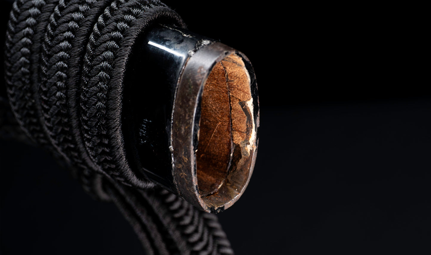 Antique Japanese Katana Sword with Handachi Koshirae and Gold-Inlaid Iron Tsuba, Mumei