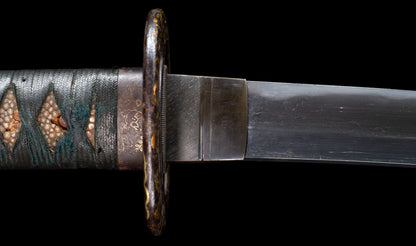 Antique Japanese Katana Sword with Handachi Koshirae and Gold-Inlaid Iron Tsuba, Mumei