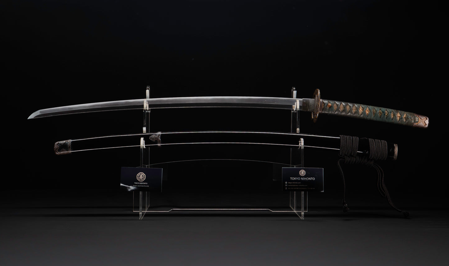Antique Japanese Katana Sword with Handachi Koshirae and Gold-Inlaid Iron Tsuba, Mumei