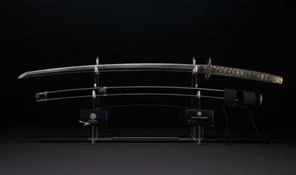 Antique Japanese Katana Sword with Handachi Koshirae and Gold-Inlaid Iron Tsuba, Mumei