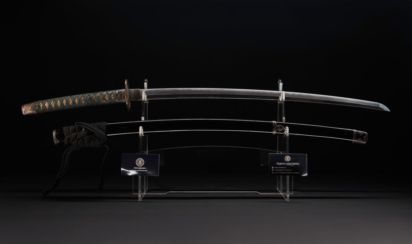 Antique Japanese Katana Sword with Handachi Koshirae and Gold-Inlaid Iron Tsuba, Mumei
