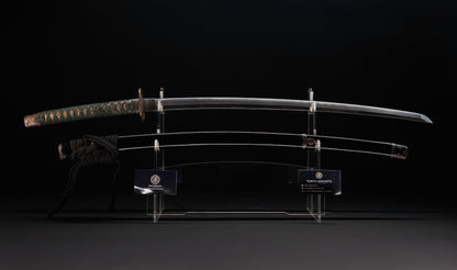 Antique Japanese Katana Sword with Handachi Koshirae and Gold-Inlaid Iron Tsuba, Mumei
