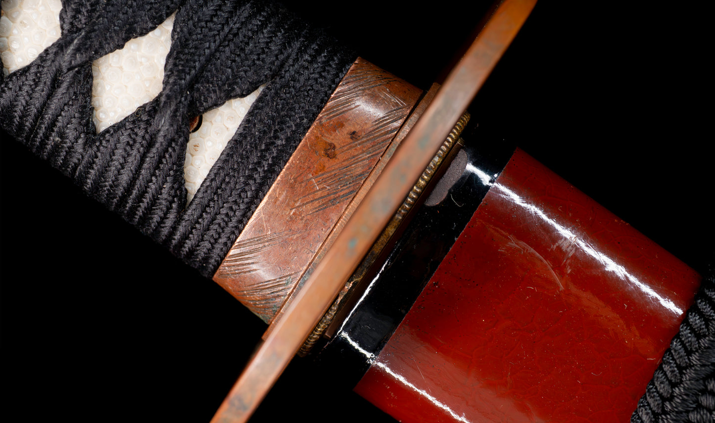 Antique Japanese Katana Sword signed Tsunahiro with Gold Dragon Menuki, Russet Lacquer Saya - NBTHK Hozon