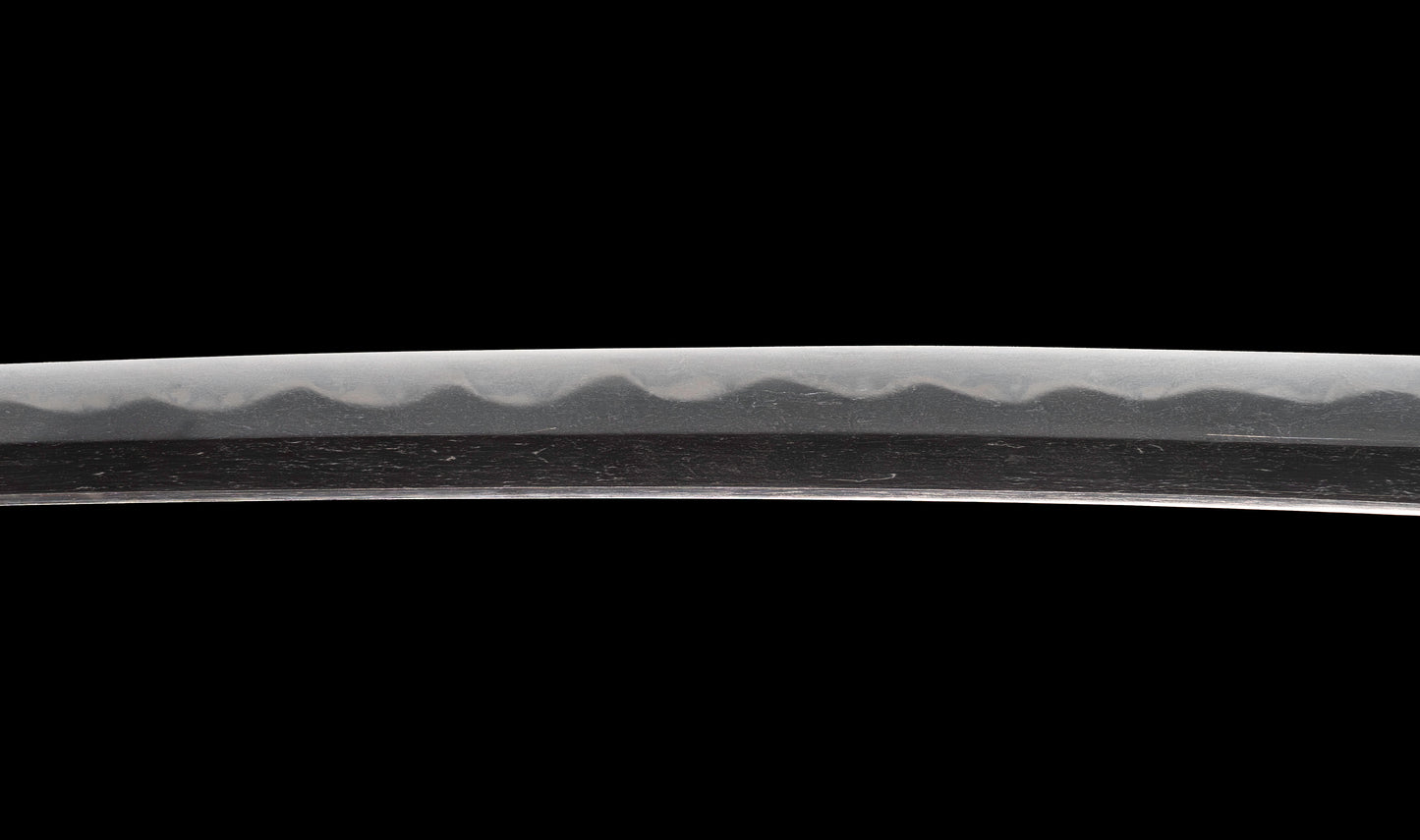 Antiguo katana japonés con hamon gunome, tsuba de hierro namban y menuki karashishi dorados atribuido a Taira Takada - NBTHK Hozon