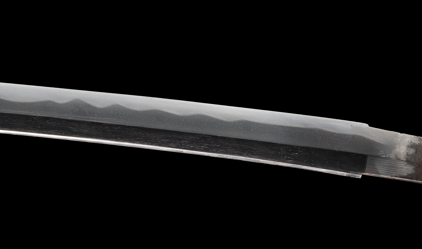 Antiguo katana japonés con hamon gunome, tsuba de hierro namban y menuki karashishi dorados atribuido a Taira Takada - NBTHK Hozon