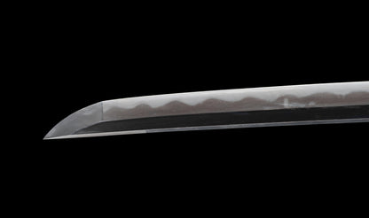 Katana ancien japonais avec hamon gunome large, tobiyaki et saya en laque à rayures diagonales — Shintō de l'époque Edo