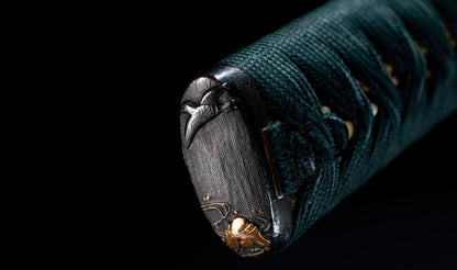 Antique Japanese Muromachi Katana Sword, Ō-suriage Mumei with Gunome Hamon, Gold Shishi Fuchi and Red and Black Lacquer Saya