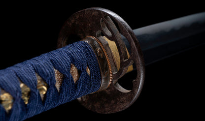 Antique Japanese Katana Sword with Vermilion Lacquer Saya, Sparrow Fuchi-Kashira and Gilt Menuki