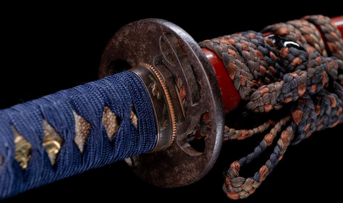 Antique Japanese Katana Sword with Vermilion Lacquer Saya, Sparrow Fuchi-Kashira and Gilt Menuki