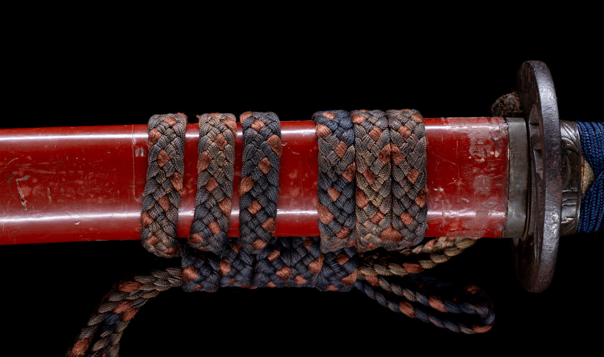 Antique Japanese Katana Sword with Vermilion Lacquer Saya, Sparrow Fuchi-Kashira and Gilt Menuki