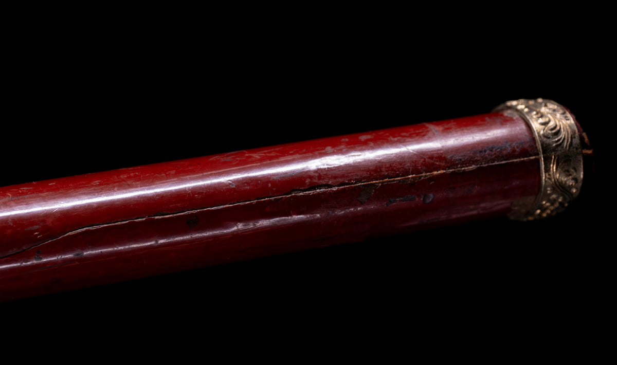 Antique Japanese Katana Sword with Vermilion Lacquer Saya, Sparrow Fuchi-Kashira and Gilt Menuki