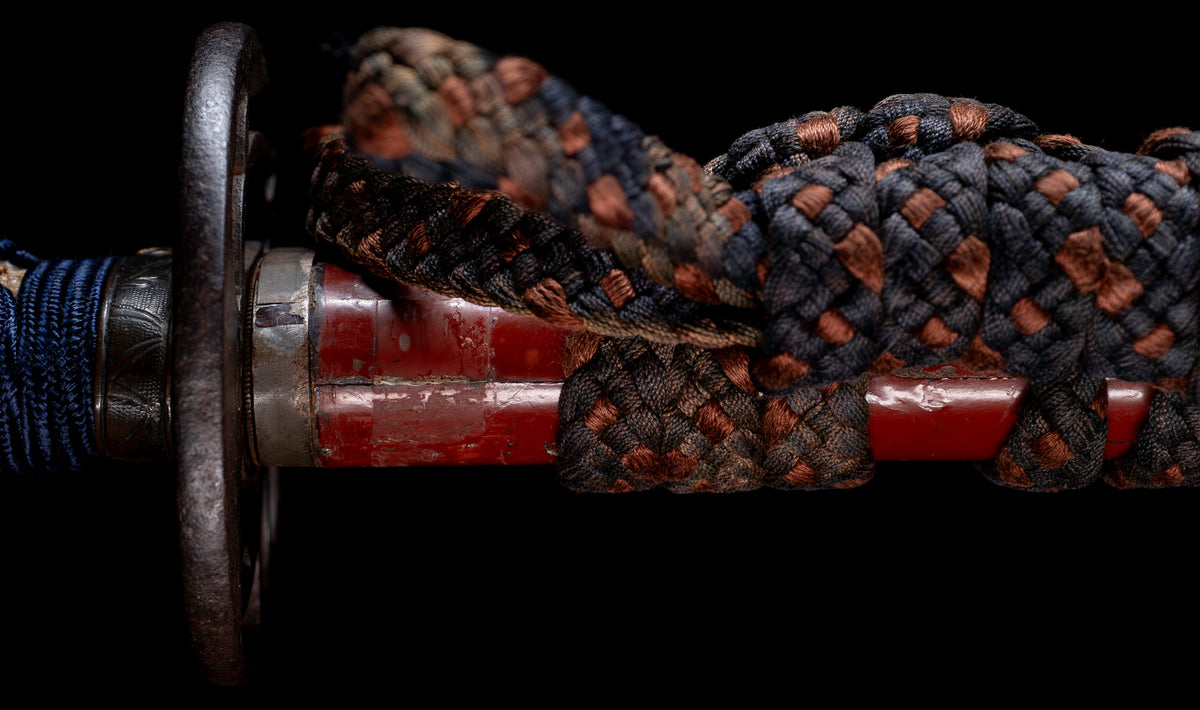 Antique Japanese Katana Sword with Vermilion Lacquer Saya, Sparrow Fuchi-Kashira and Gilt Menuki