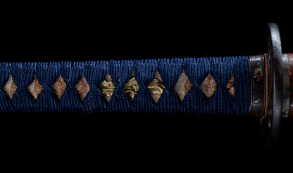 Antique Japanese Katana Sword with Vermilion Lacquer Saya, Sparrow Fuchi-Kashira and Gilt Menuki