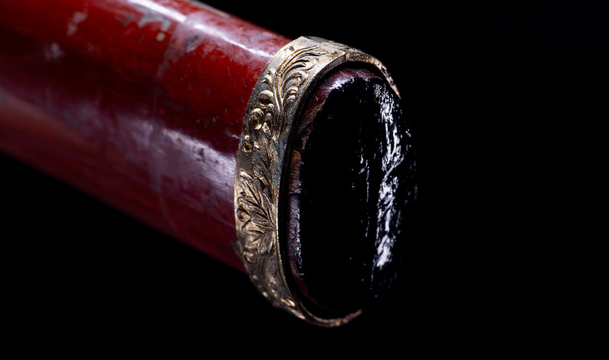 Antique Japanese Katana Sword with Vermilion Lacquer Saya, Sparrow Fuchi-Kashira and Gilt Menuki