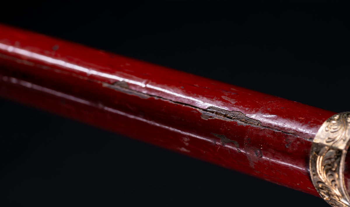 Antique Japanese Katana Sword with Vermilion Lacquer Saya, Sparrow Fuchi-Kashira and Gilt Menuki