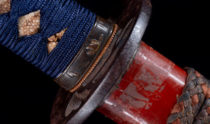 Antique Japanese Katana Sword with Vermilion Lacquer Saya, Sparrow Fuchi-Kashira and Gilt Menuki