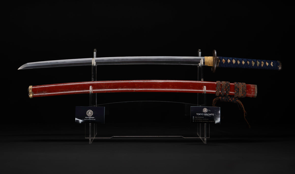 Antique Japanese Katana Sword with Vermilion Lacquer Saya, Sparrow Fuchi-Kashira and Gilt Menuki