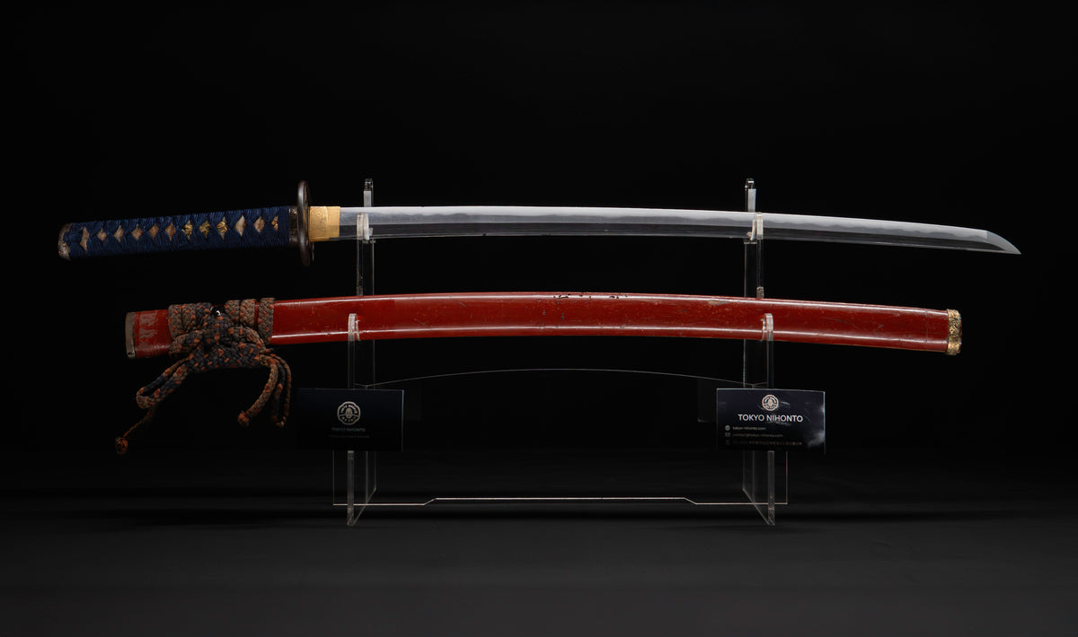 Antique Japanese Katana Sword with Vermilion Lacquer Saya, Sparrow Fuchi-Kashira and Gilt Menuki